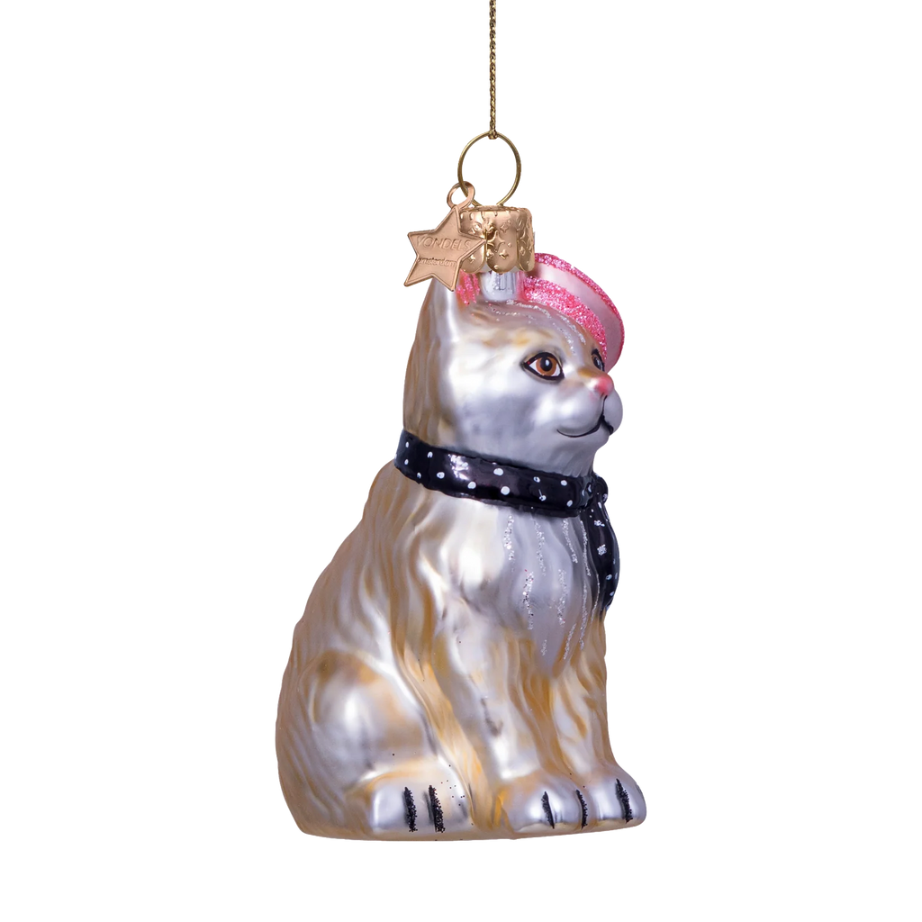 Vondels Amsterdam Ornament glass Cat with Barret and Scarf