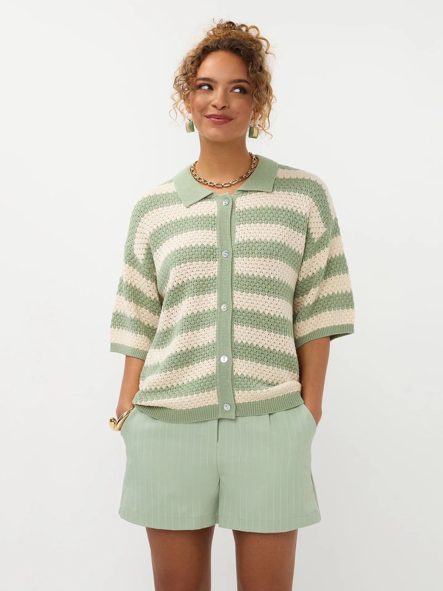 YDENCE Knitted Top Janouk Sage Green & Ecru